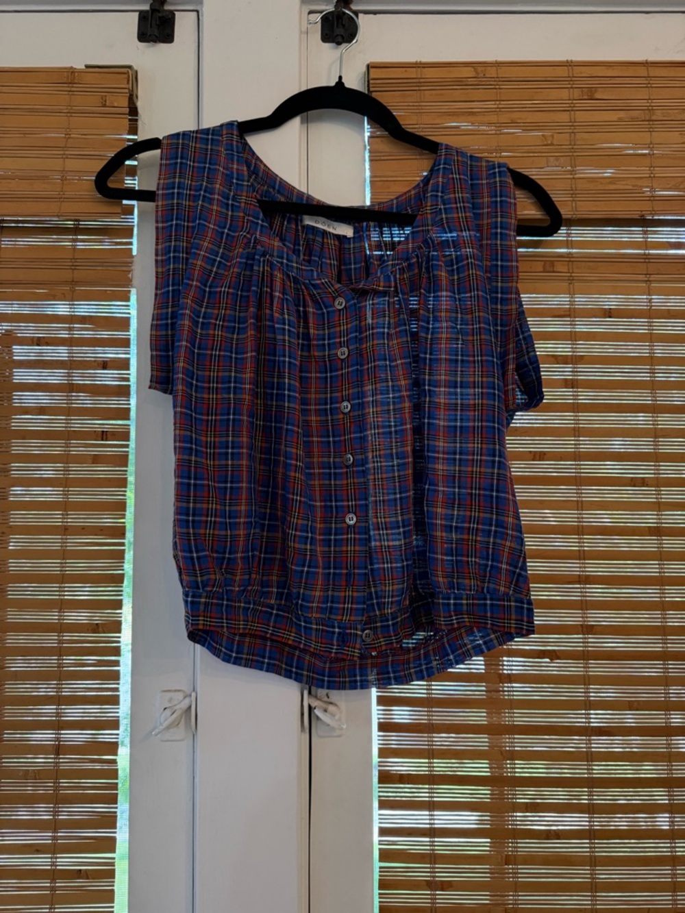 Doen Blue Plaid Button Front Cap Sleeve Blouse
